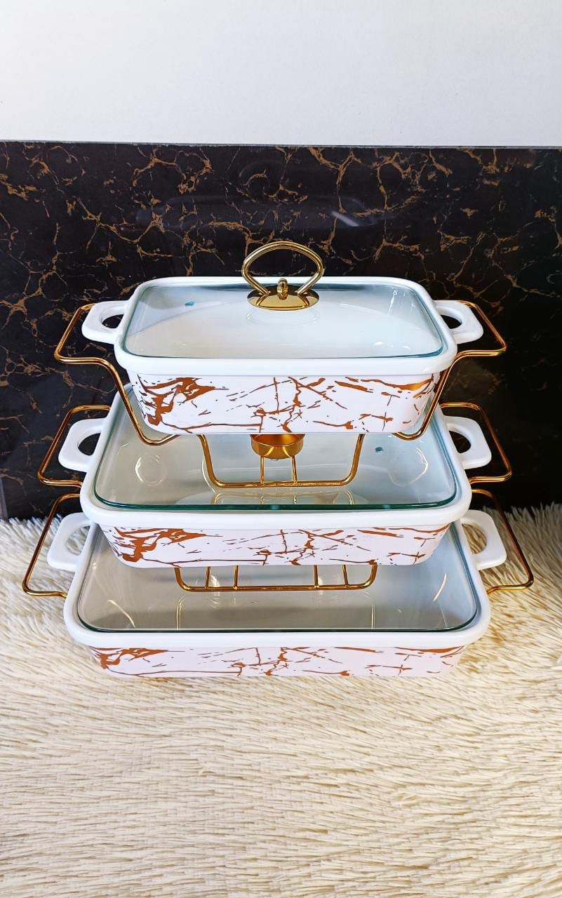3 pcs ceramic chaffing dishes 3.5 ltr, 2.5 ltr and 2ltr.
