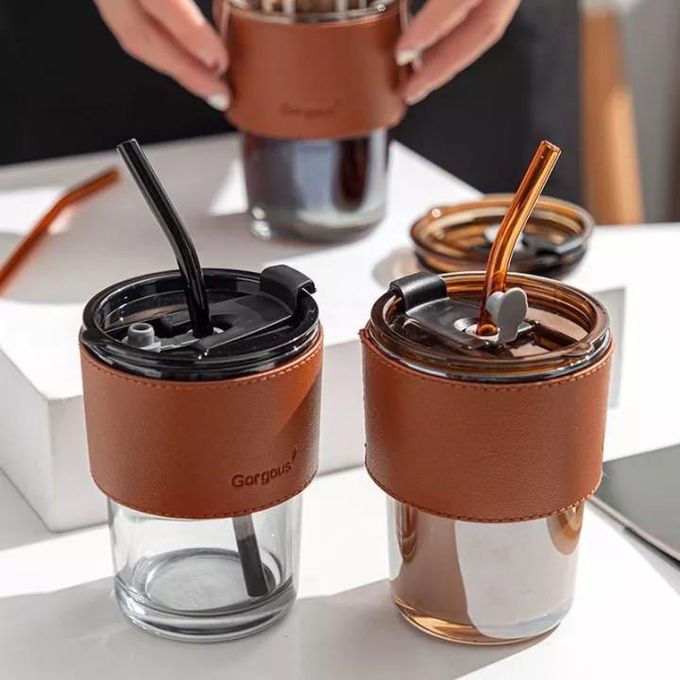 Gorgeous slub glass smoothie cup with STRAW and leather cover 500 ml