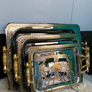 Serving Tray With Golden Handles - Set Of 3