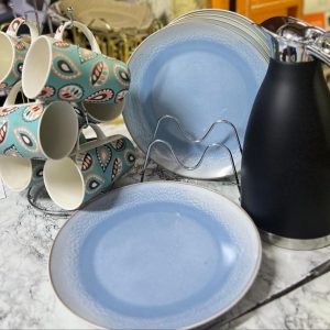 6 pcs blue plates,6 pcs blue patched mugs , 2 ltr black flask