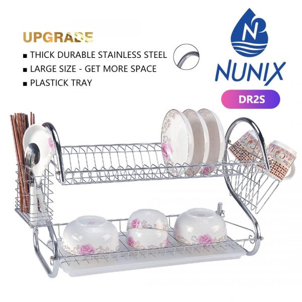 Nunix Dish Rack Kitchen Utensils/ Organizer with Drainboard-Silver