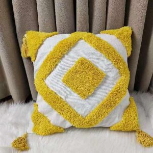 Boho vintage throw cushion cotton pillow case-yellow/white