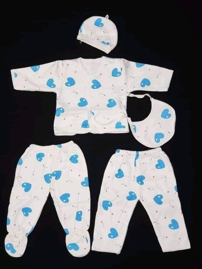5 Pcs Newborn Unisex Receiving Set-White printed blue