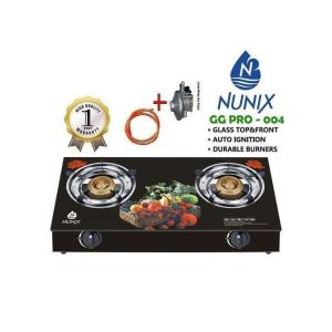 Nunix Glass TABLE TOP DOUBLE BURNER Gas Stove cooker + Pipe + 6kg Regulator + Tighten