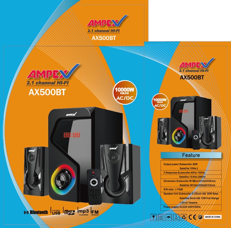 Ampex 2.1 AX 500BT Subwoofer With Bluetooth/USB/SD/FM 10000Watts