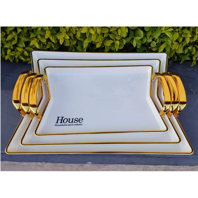 Serving Tray With Golden Handles - Set Of 3 - Image 2