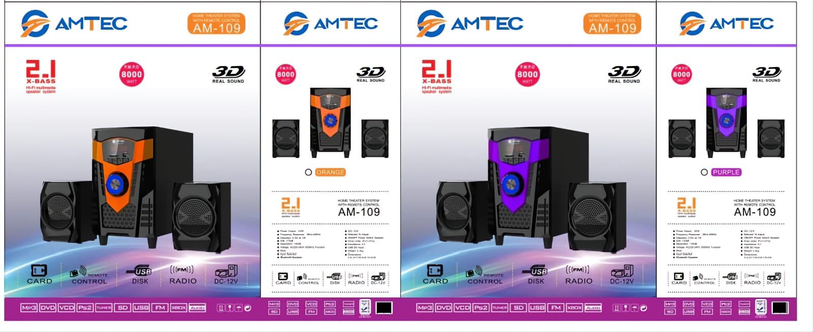 Amtec AM-109 Sub Woofer System 2.1CH 8000W BT/FM/SD/USB