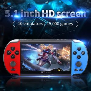 X7 plus handheld game console 5.1 inch screen, in-built 15,000 games, support TV output, supports music playing,video playing,e-book,stopwatch
