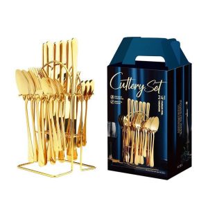 24 pcs silver cutlery set gold